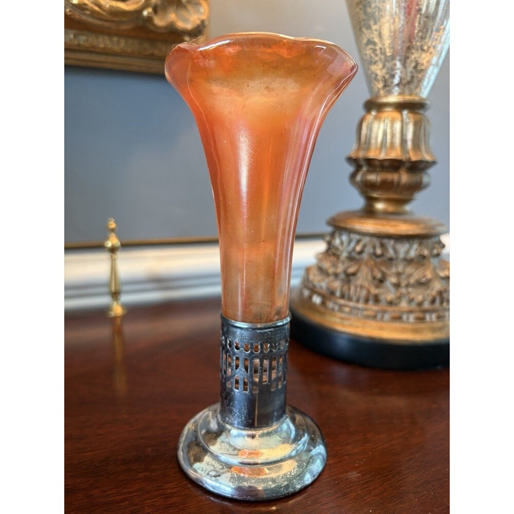 Vintage Art Nouveau Marigold Peach Carnival Glass Bud Flower Vase w/ Metal Stand